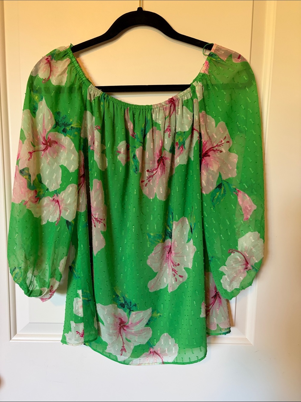 White House Black Market Green Floral Off-Shoulder Top